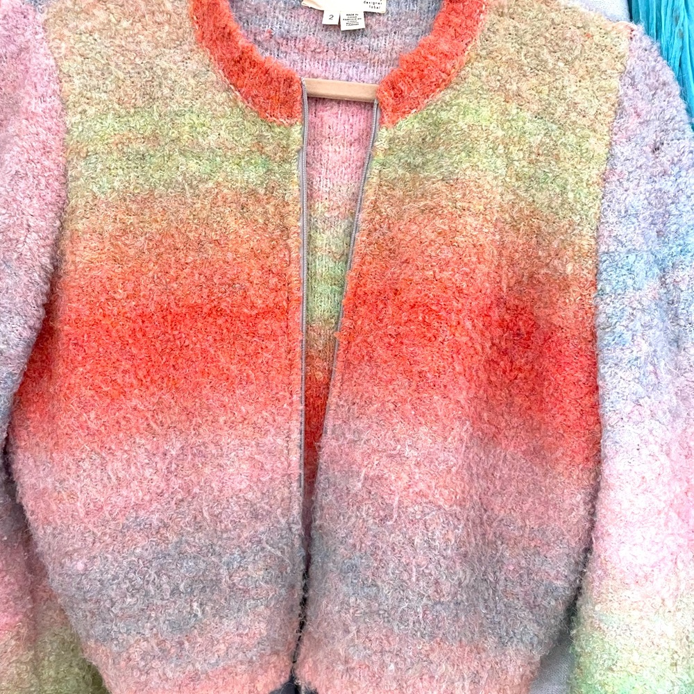 Ted Baker Ombre orange green pink sweater jacket size 2 medium earth colors